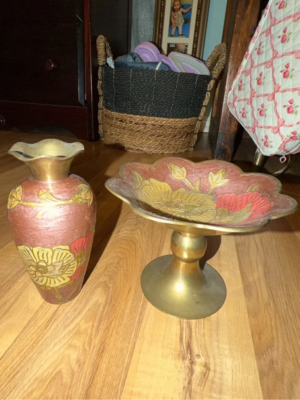 Vintage Enameled Brass Floral Scalloped Pedestal Bowl & Vase Set - Pink and Gold